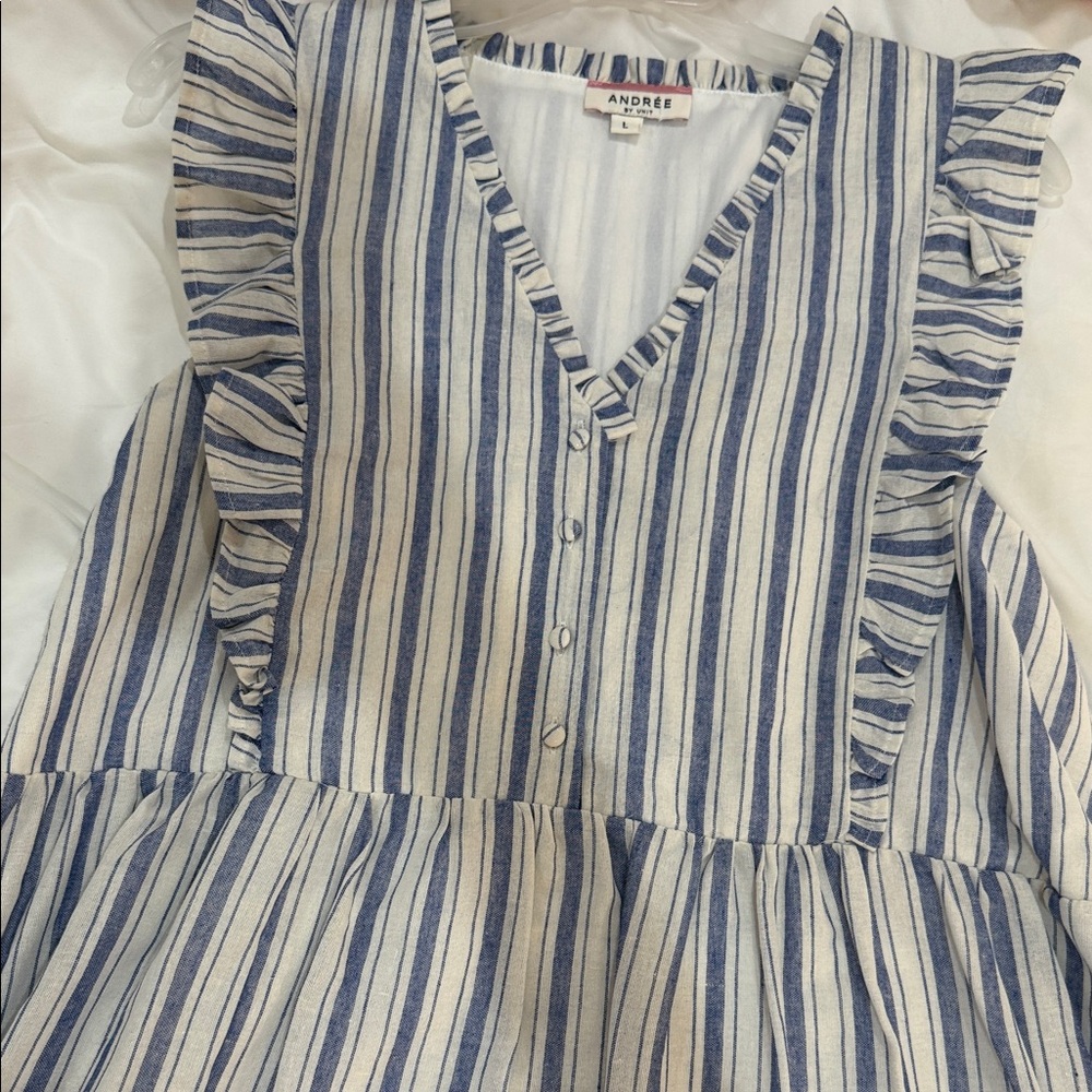 Andree Blue and White Striped Ruffle Dress